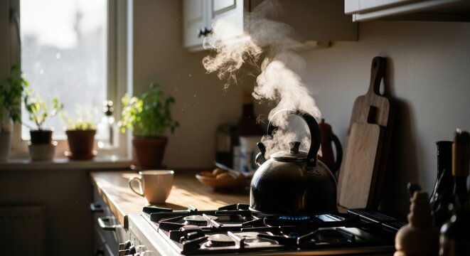 Black tea kettle boiling on gas stove in cozy kitchen. Steam rising from hot pot. Household appliance for making hot beverage. Morning home atmosphere with sunlight and comfort.