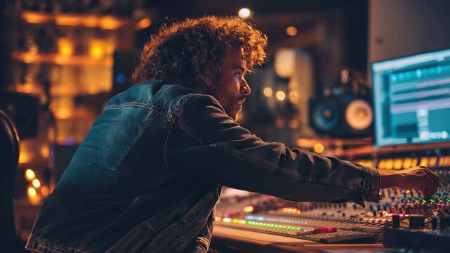Male artist creates music in soundproof studio while focused on mixing sound, surrounded by professional equipment and warm lighting in the evening