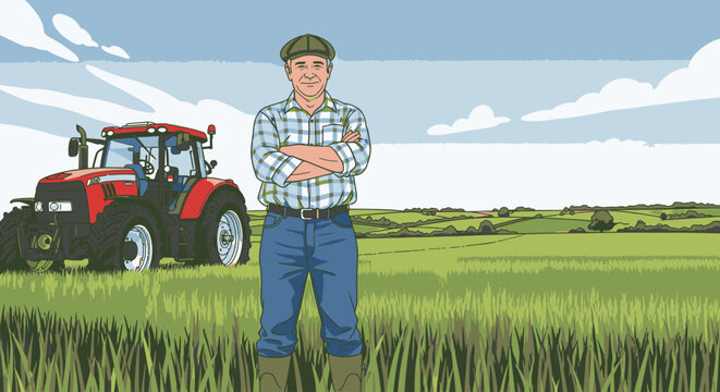 Illustration of a middle-aged farmer standing confidently in a lush green field with a red tractor behind him under a blue sky with white clouds.