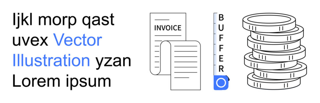 Business finance, accounting, billing, digital economy, organization, workflow. An invoice document, buffer text element and stack of coins . Business finance and accounting