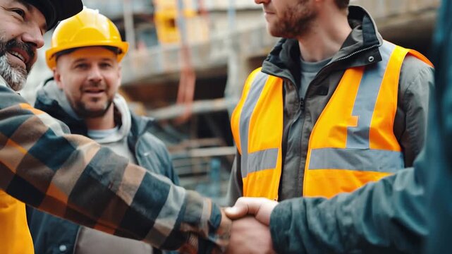 Engineers and workers shake hands in celebration, marking a successful project completion at a construction site during the afternoon