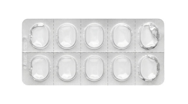 A sleek, metallic blister pack, segmented into ten clear oval compartments, lies stark and vacant on a pristine white surface