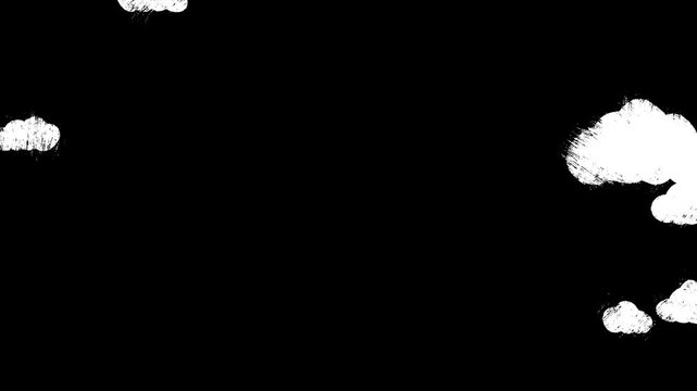 Clouds in the wind on a black screen. Concept of a cloudy sky clean surface. Doodle style Animation wind effect. 2D Animation, The effect of flying or free-falling among the clouds in a hand-drawn