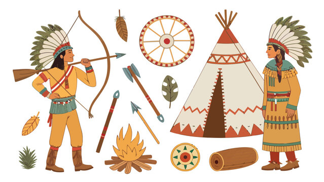 An illustration of Native American culture with two people and various traditional items