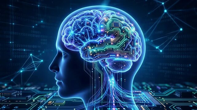 Digital brain with circuits and glowing binary code network against dark background