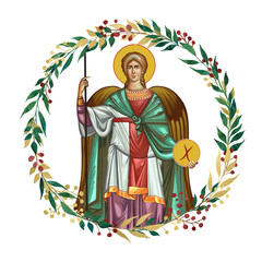 Obraz premium Archangel Michael. Decorative vintage floral wreath, illustration in Byzantine style isolated
