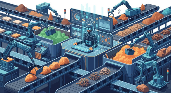 Automated Food Production Factory with Robotic Arms and Control Center.