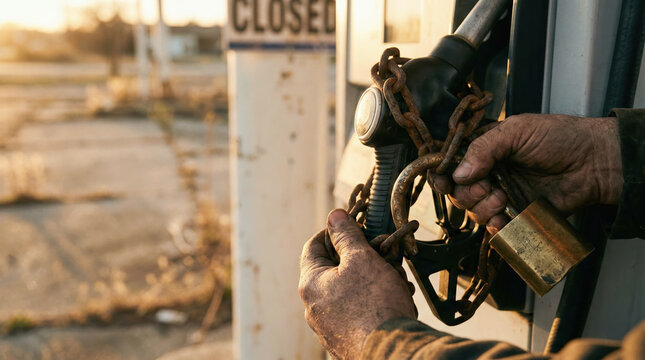 Weathered hand secures gas pump nozzle with chain and padlock symbolizing oil shortage at closed station