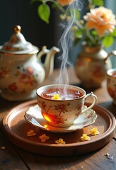 Fototapeta premium Charming Earl Grey Tea Display Traditional Tea Tray Aromatic Bergamot Infusion Steaming Cup Delicate Teapot