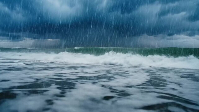 Dramatic ocean storm with heavy rainfall, crashing waves, and flashes of lightning over the sea