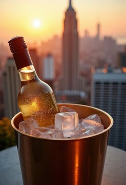 Chilled White Wine Bucket Rooftop Terrace Luxurious Urban Oasis Skyline