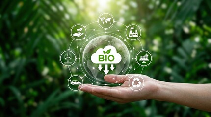 Sustainability, Bio energy, Renewable, Ecology, Environment, Green technology, Climate change conceptual design of hand holding digital earth with icons representing net zero future.