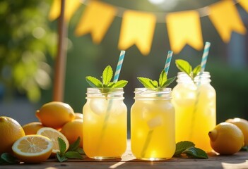 Fototapeta premium Colorful Lemonade Stand Refreshing Kids Summer Drink Fun Party Stand Outdoor Enjoyment