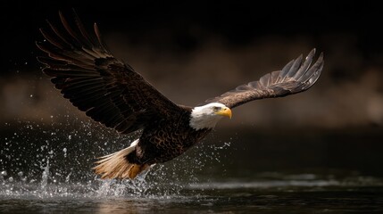Fototapeta premium Bald eagle taking off from river surface with wings spread wide, splashing water in dramatic side light, showcasing natural colors and frozen motion