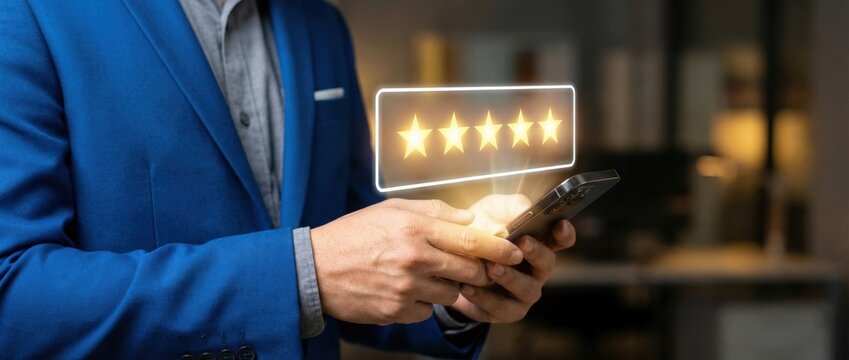 User engaging with mobile app for rating services corporate office digital interaction modern environment close-up view customer experience enhancement