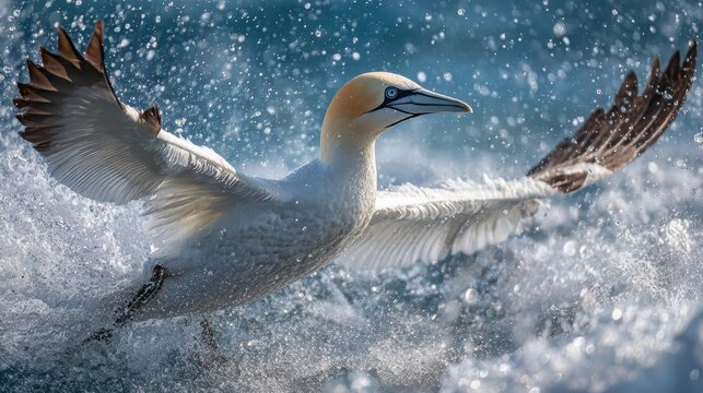 Northern gannet soaring above turbulent ocean waters, wings spread wide, droplets of seawater captured in sunlight, showcasing dynamic hunting behavior in a marine environment