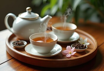 Fototapeta premium Earl Grey Tea Infused Bergamot Elegantly Styled Serving Tray Tea Ceremony