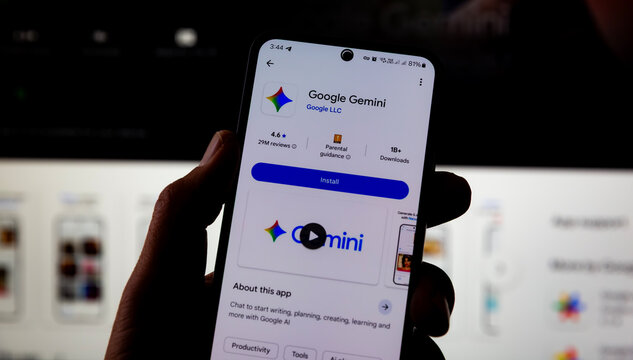 Smartphone Displaying Google Gemini AI App Install Page In Mobile Store. Artificial Intelligence Assistant By Google For Writing Planning And Smart Tasks Editorial Use Only
