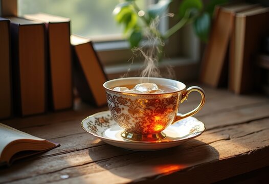 Herbal Tea in Delicate China Cup on Wooden Desk Surrounded by Books and Warm Light