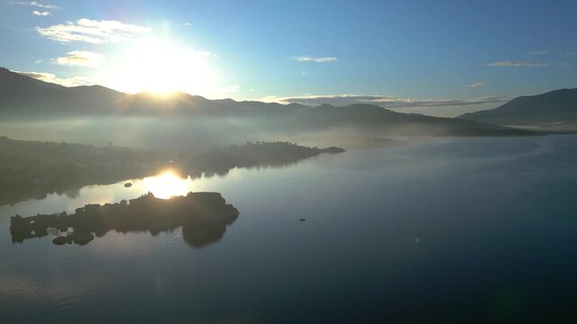 Panoramic View of Ancient Monastery Ruins on Bafa Lake Island at Dawn. High quality 4k footage