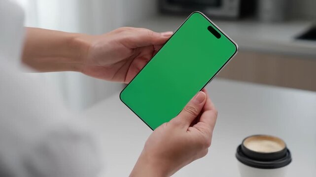Smartphone with green screen in hands for video editing and chroma keying featuring mobile phone, technology, device with gadget and hand elements