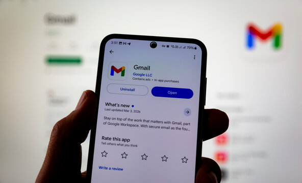 Smartphone Displaying Gmail App Page With Open And Uninstall Options In Mobile Store. Google Email Service Interface Showing Updates And User Ratings On Android Device Editorial Use Only