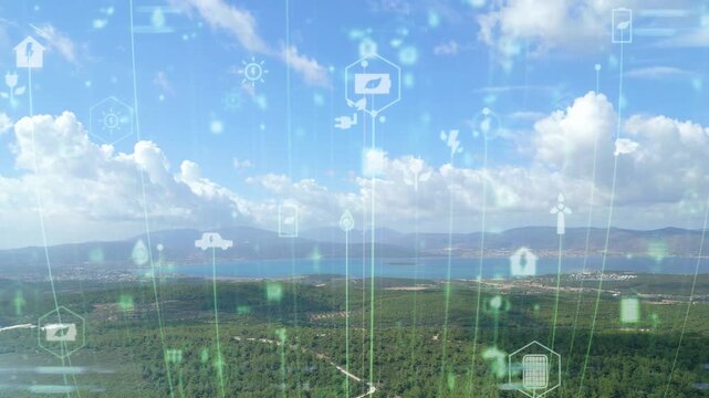Cloudscape Above Green Hills With Translucent IoT Style Icons And Vertical Data Streams, Environmental
