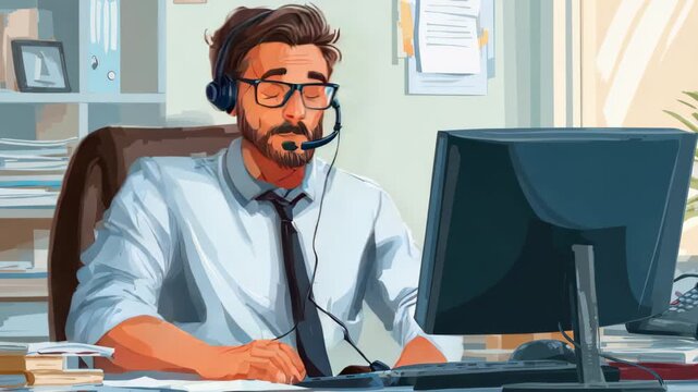 Customer service executive handling inquiries at a modern office space with a calm demeanor and professional attire while experiencing a busy workday