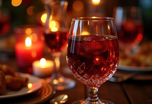 Rich Red Wine Crystal Glass Candlelit Dinner Romantic Evening Dinnerware