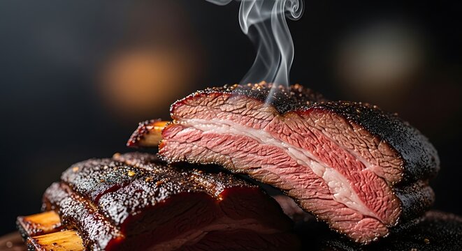 A close up view of delicious smoked beef ribs with a dark charred crust and steam rising up. costela