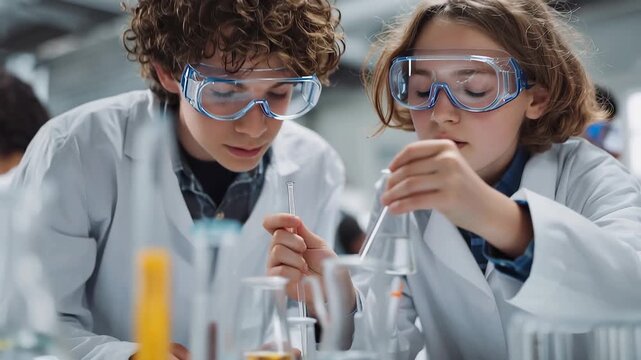 Students engaged in chemistry experiments while wearing safety goggles in a laboratory setting during a class activity