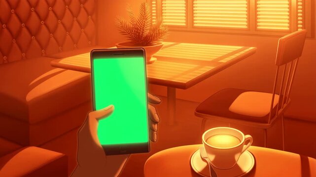 Phone with green screen held by a hand in a cozy cafe setting with a cup of coffee featuring mockup, table, chair with warm lighting and interior