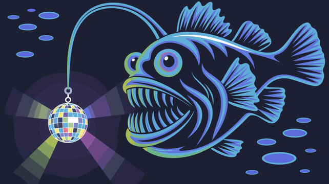 Vector anglerfish with glowing neon patterns and disco ball &ndash; Perfect for electronic music posters, underwater fantasy, or bold event ads.