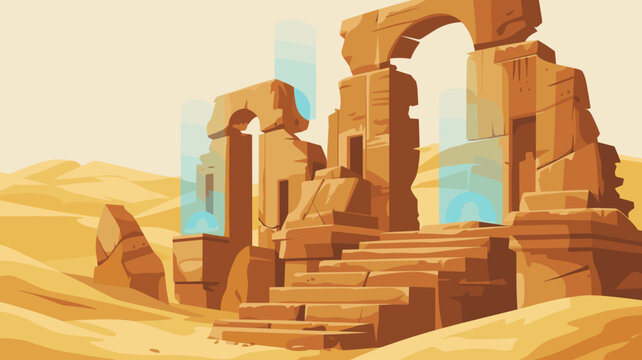 Ancient desert ruins with glowing blue energy gates &ndash; Perfect for portal travel themes, archaeology blogs, or otherworldly art.