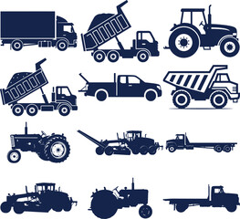 Fototapeta premium Blue silhouettes of various construction vehicles and tractors on a transparent background