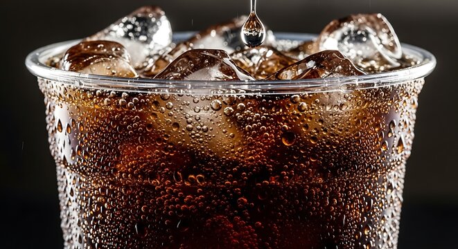 A close up view of a refreshing glass of cold carbonated cola with ice cubes and a falling droplet. fountain cup