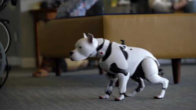 Robot pitbull with white and black body running on gray floor with blue background featuring dog, robotic dog, futuristic with technology and