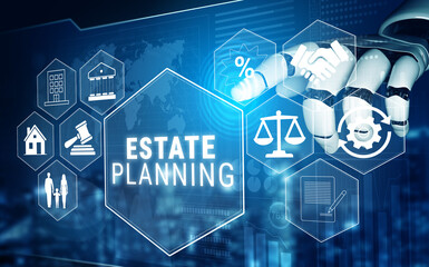 Fototapeta premium Advanced estate planning concept with digital technology, hologram interfaces, law icons, and robotic hand illustrating modern financial management services Quark.