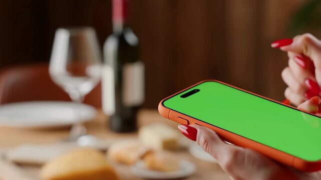 Smartphone with green screen in a woman's hand with red nails, on a dinner table with wine and bread
