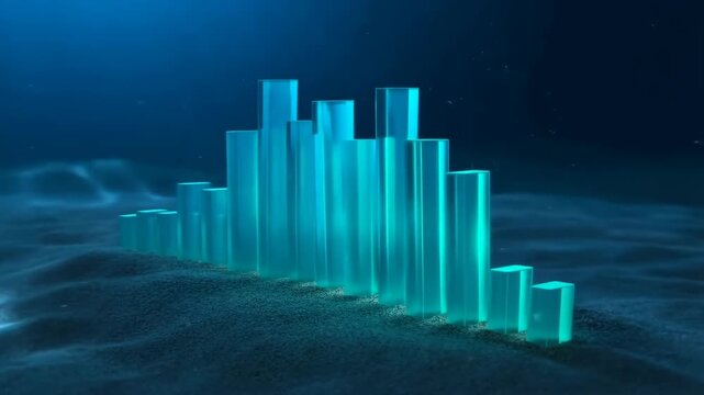 Bar chart 3D rising from dark sandy seabed with glowing blue bars featuring 3D, business, finance with data and statistics elements for graph,