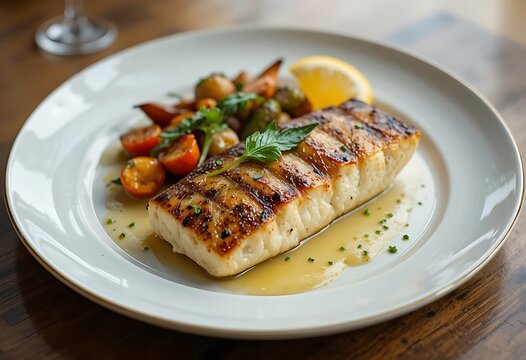 A perfectly grilled white fish fillet served with roasted cherry tomatoes and savory lemon sauce. grouper dinner