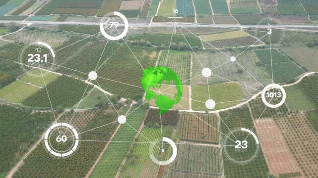 Aerial Farmland With Data Overlay Showing Green Geotag Globe, Network Nodes, Temperature And Yield Metrics