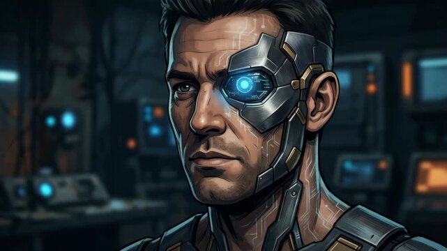 Close-up of a determined man with a cybernetic eye and circuitry patterns on his neck.