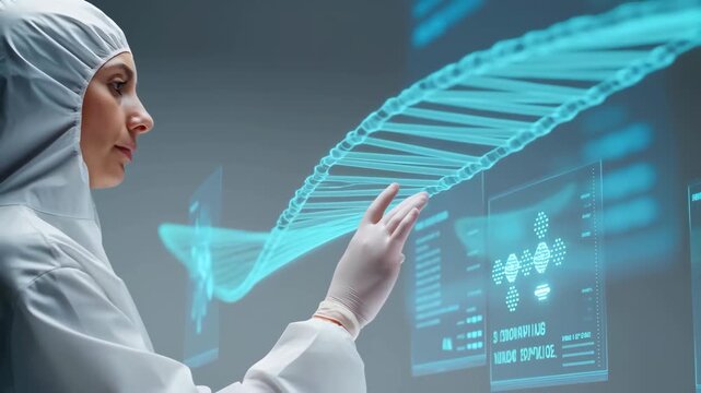 Scientist in a white clean lab coat with a futuristic DNA double helix interface featuring biotechnology, genetics, molecular biology with research
