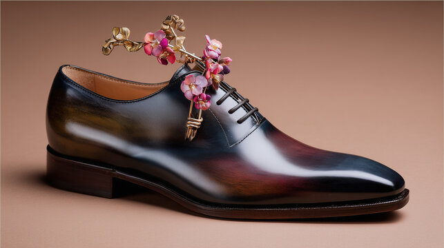 Polished Leather Mens Oxford Shoe with Spring Cherry Blossom Branch Concept for Fathers Day Fashion Sale