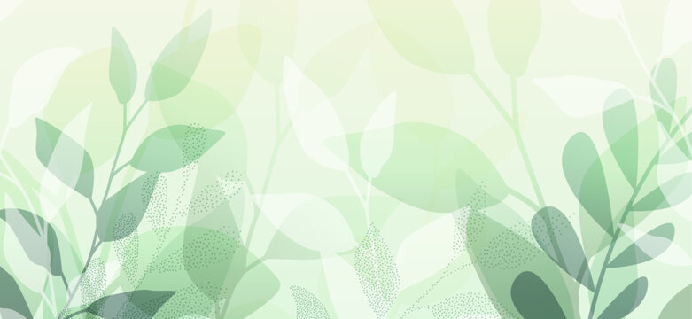 Nature leaves spring background vector illustration. Pastel botanical gradient design with soft green foliage and copy space. Elegant aesthetic for cosmetic branding, spa or wedding invitation