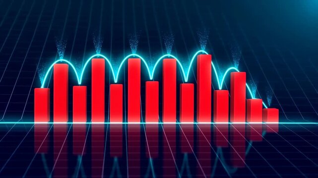 Bar chart with rising red bars and glowing blue lines on a dark background featuring 3D animation, business, finance with statistics and data