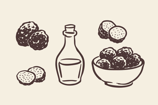 Truffle and truffle oil hand drawn sketch vector illustration