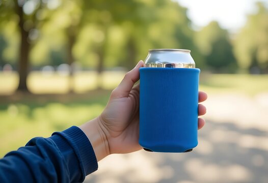 A hand holding a cold aluminum beverage can inside a bright blue neoprene insulating stubby holder. koozie mockup