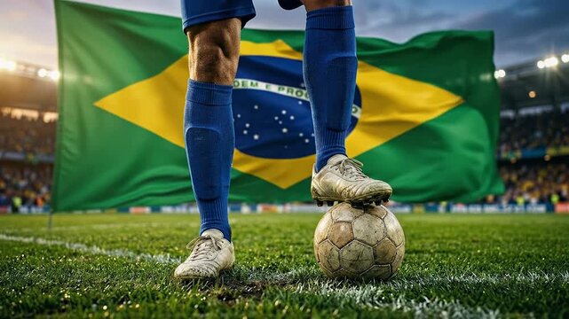 Close up of a Brazil soccer player standing on green grass with a traditional ball wearing blue socks against a large waving Brazilian flag inside a stadium during world cup